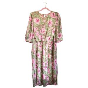 Vintage Caroline Wells Pink Green Floral Midi Dress Pleated Skirt Size 14 Petite
